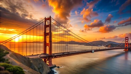 Obraz premium Golden Gate Bridge Gleaming Under a Sunset Sky AI Generated