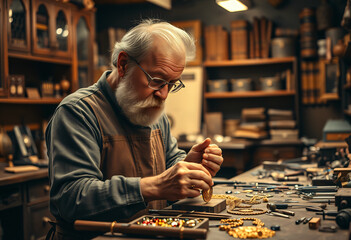Veteran goldsmith crafting golden necklace in cluttered workshop