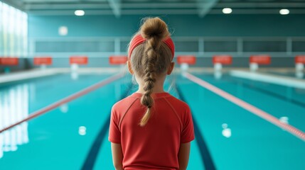 Young girl with braided hair in red shirt looking at indoor swimming pool, preparing to swim, captured from behind.