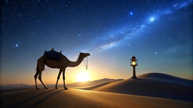 A Silhouette of Tranquility: A Camel Against the Desert Stars  generative AI