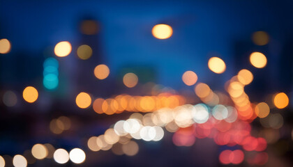 Blurred Night City Lights. Abstract Defocused Urban Street Scene with Warm and Cool Bokeh, Vibrant Colors, and Soft Gradient of Evening Sky Background, Perfect for Modern Digital Art Design Conceps