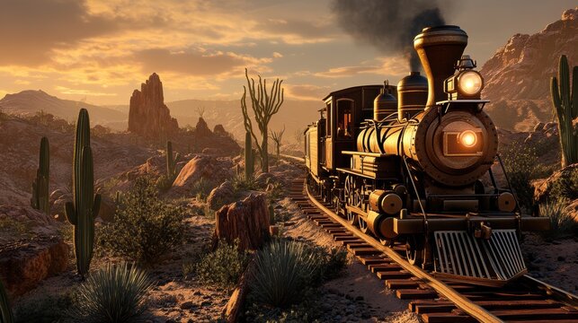Vintage steam train journey desert landscape at sunset