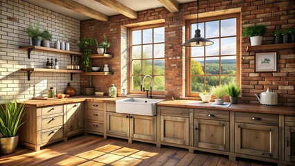 A Rustic Farmhouse Kitchen with Exposed Brick Walls and a Vintage Farmhouse Sink  generative AI