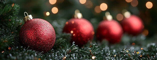 Wide panoramic Xmas décor background banner, gold and red color Christmas balls hanging on a Christmas tree