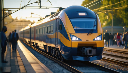Naklejka premium A yellow and blue painted train in train station with its headlights on. People are standing on the platform, some with backpacks and handbags. Aspect ratio 16:9