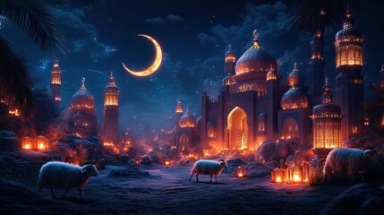 Eid al adha islamic decoration background with goat sheep, arabic lantern, crescent moon, ramadan kareem, mawlid, iftar, eid al fitr, muharram