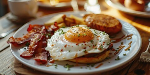 Eggs Benedict Hash Browns and Bacon on a Well Presented Breakfast Plate
