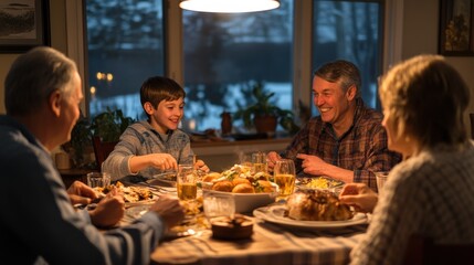 A serene evening scene at home, a family gathered around the dining table, enjoying a warm meal together, laughter and conversation flowing, a mix of generations sharing stories, cozy lighting, a