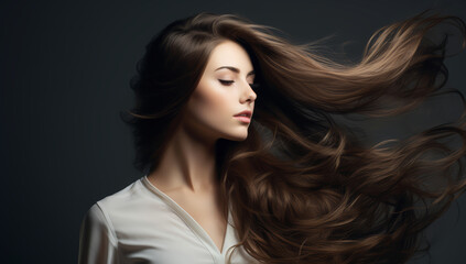 Obraz premium Beautiful woman with long brown hair flowing in the wind. Hair care concept