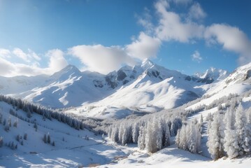 View of a snowy mountain landscape in the sunlight, Damuls Vorarlberg Austria
