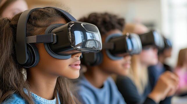 A group of diverse students wearing VR headsets in a modern classroom, exploring virtual worlds and engaging with cutting-edge technology, while their teacher supervises and assists, highlighting the