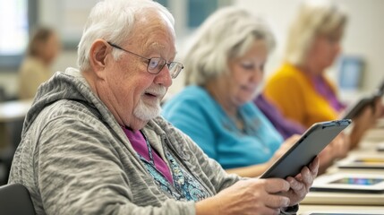 A group of seniors in a bright, modern classroom, learning how to use tablets with the guidance of a patient instructor, capturing the joy and empowerment of older adults embracing technology and the