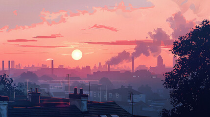 Fototapeta premium panorama view of European city at sunset, urban illustration of civilized modern first world country, London city view, polluted air sun smoke by sky clouds, extreme wide shot