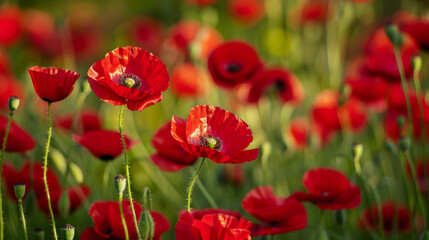 Vibrant red poppies in a lush green field