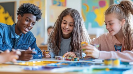 Fototapeta premium An inspiring scene of a diverse group of students working together on an art project in a well-lit classroom, with paints, brushes, and canvases spread out, showcasing creativity, collaboration, and