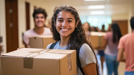 A bustling scene of students and parents moving boxes into dorm rooms on a sunny college campus, with smiles, hugs, and a sense of anticipation, capturing the emotional significance of this milestone