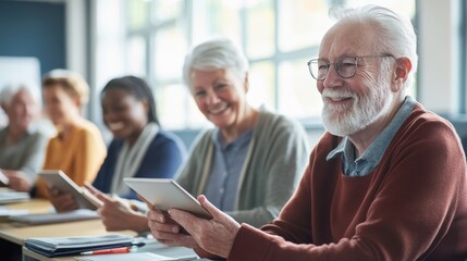 Obraz premium A group of seniors in a bright, modern classroom, learning how to use tablets with the guidance of a patient instructor, capturing the joy and empowerment of older adults embracing technology and the