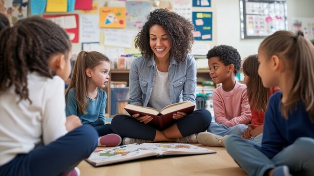 A small group of elementary students receiving instruction from a teacher, sitting in a circle on the floor with a storybook, the teacher reading aloud with animated expressions, children listening