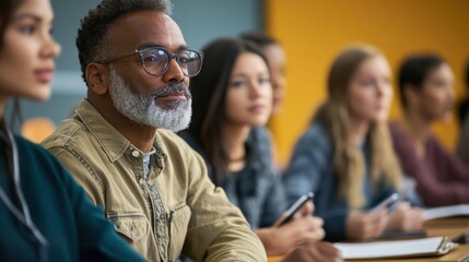 An adult education class in session, with a diverse group of adults of various ages learning together, a teacher explaining a concept at the front, students taking notes and participating in