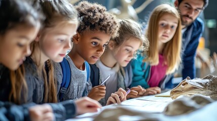 A group of classmates on a school field trip, exploring a natural history museum, looking at exhibits and taking notes, a teacher explaining the displays, students engaging in hands-on activities,