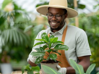 A gardener providing nurturing care and advice to a plant enthusiast, set in a lush garden
