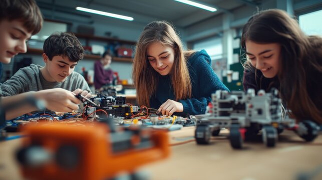A team of students working on a robotics project together in a school lab, assembling and programming a robot, tools and parts spread out on the table, expressions of concentration and teamwork, and