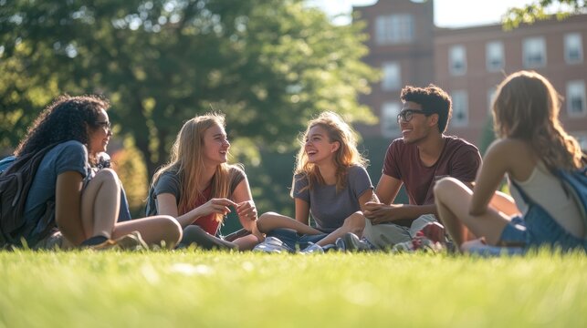 A group of first-year college students engaging in ice-breaker activities on a grassy campus lawn, laughing and getting to know each other, a mix of backgrounds and personalities, the warm sun