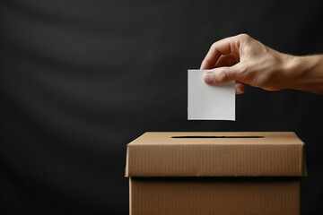 A man throws a form into the ballot box, dark background. A hand can be seen carefully lowering a piece of paper into the ballot box.