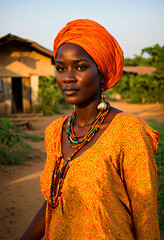 Vibrant Senegalese Woman in Colorful Boubou Against Rural Village Background
