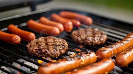 Juicy hot dogs and burgers sizzle on a barbecue grill, ready for a delicious summer meal.