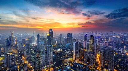 Fototapeta premium Stunning City Skyline View at Sunset Over Downtown Area in Urban Landscape