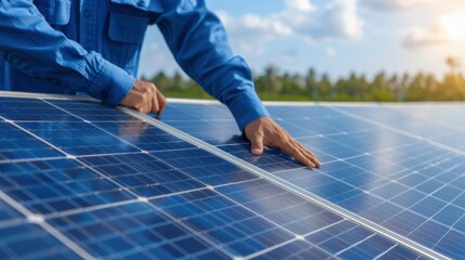 A person in a blue shirt installing solar panels outdoors on a sunny day, promoting renewable energy and sustainability.
