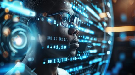 Fototapeta premium Black African American Female IT Specialist Analyzing Cyber Security Threats Using Artificial Intelligence