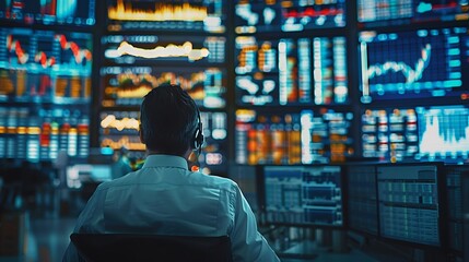 A bustling trading floor, multiple screens displaying live financial data and stock prices, traders working efficiently, bright lights highlighting the screens, vibrant atmosphere, hd quality,