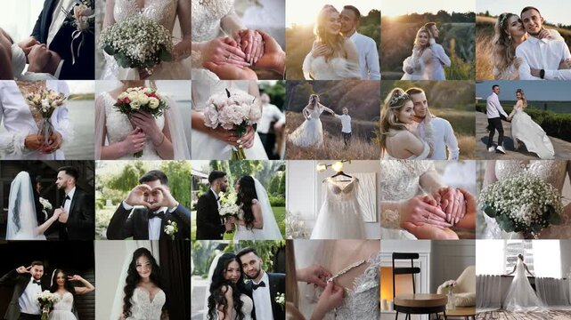 wedding collage, multiscreen. groom, bride, bouquet, shoes, dress.