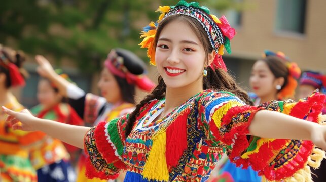 A lively university campus during a cultural exchange event, with students from different countries showcasing traditional clothing, music, dance, and cuisine, the atmosphere filled with vibrant