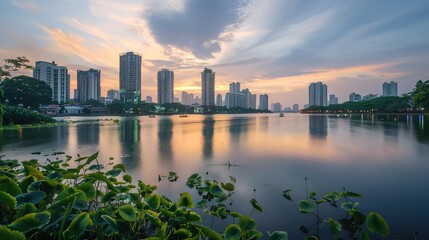 Fototapeta premium Stunning Sunset Over Urban Skyline Reflected in Tranquil Lake Surrounded by Lush Greenery