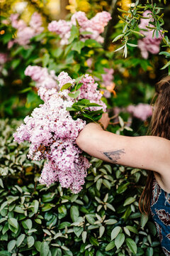 woman pruning lilacs