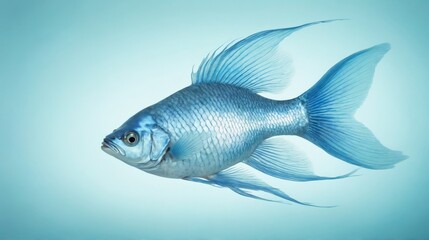 Fototapeta premium A single fish swims gracefully through the water, showcasing its delicate fins and textured scales. The underwater setting highlights the fish's serene and peaceful nature, creating a captivating scen