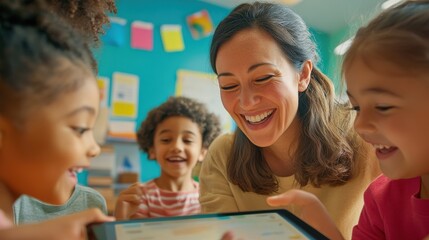 A close-up of a teacher engaging with a group of young students in an elementary school classroom, using a tablet to display interactive content, while the students eagerly gather around, their faces