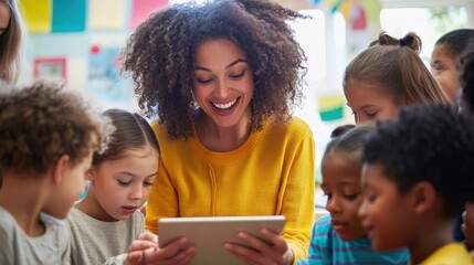 A close-up shot of a teacher in an elementary school classroom, using a tablet to read an interactive story to a group of young students who are gathered around, listening intently with wide-eyed