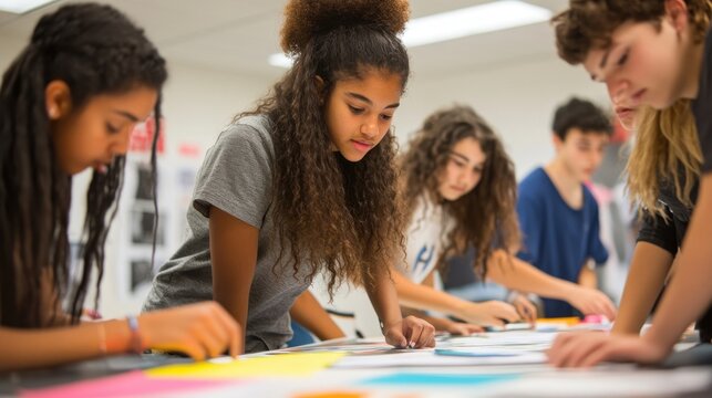 A detailed and immersive image of a group of high school students working together on a social impact project, where they are creating awareness posters and digital campaigns to address a community