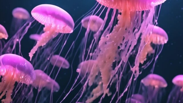 Seamless animation colorful jellyfish in deep sea underwater background pattern in fantasy marine concept. Graphical sea animal nature background or screen saver