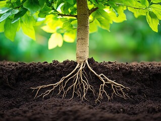 Fototapeta premium Agricultural style: Green canopy tree, planted in the soil, roots spreading into the soil 