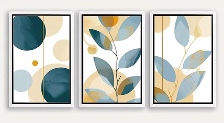 Fototapeta premium Abstract art with leaves, circles, and gold lines.