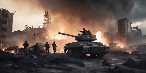 Battle ground war scene with Tank and a destroyed city, smoke, fires