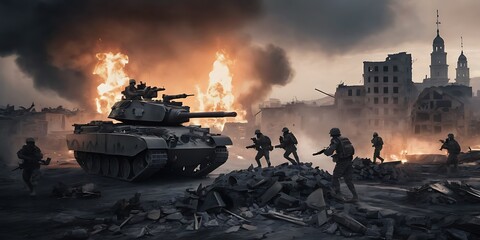 Battle ground war scene with Tank and a destroyed city, smoke, fires