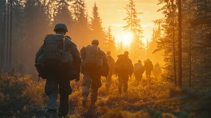 Fototapeta premium A group of soldiers wearing military uniforms and backpacks walking through a forest at sunset, highlighting dedication and teamwork