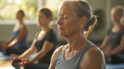 Fototapeta premium A detailed and focused image of a yoga class with a group of middle-aged adults, each one focused on their poses as the instructor guides them through the session, the room filled with natural light