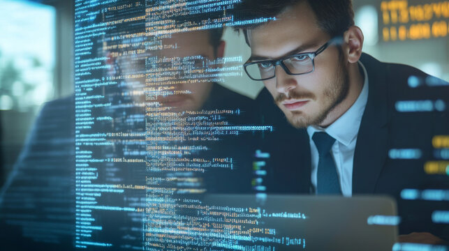 Two handsome businessmen working in the office overlaying several lines of computer code.